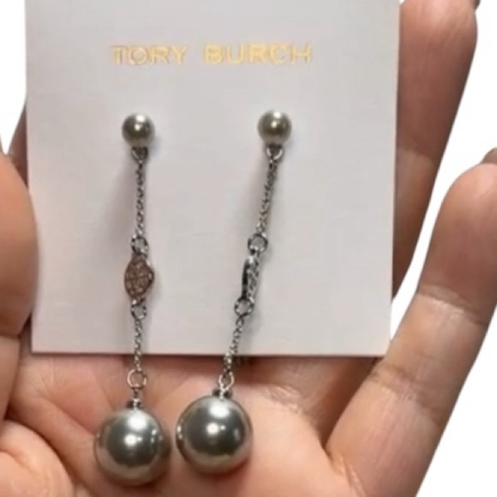 Tory Burch Pearl Logo‎ Silver Drop Earrings NWT